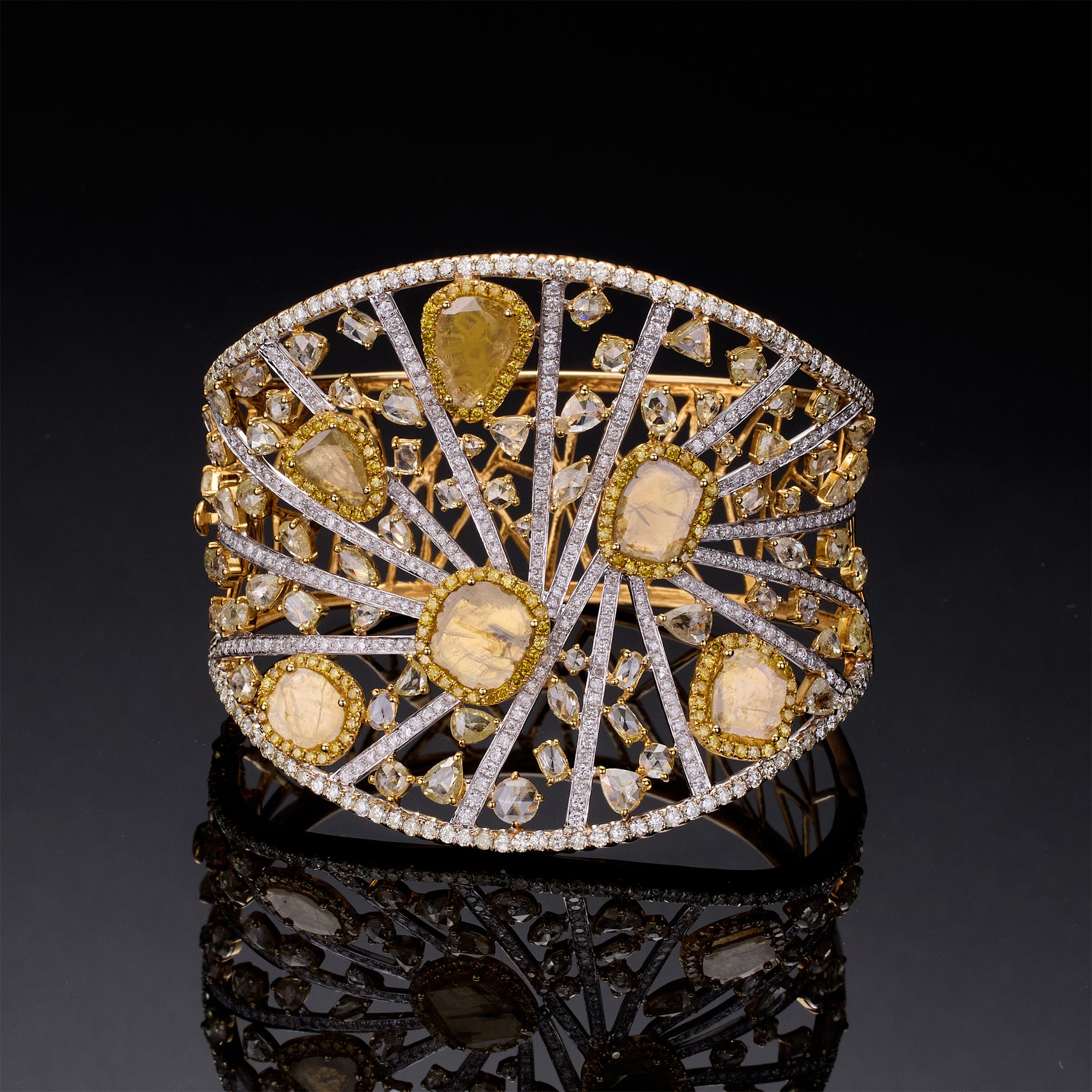 18K Yellow Gold Bangle with Natural Yellow Diamonds &amp; Slice Diamonds - Jewelry And Store