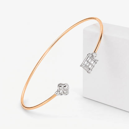 Natural Round and Baguette Diamond Cluster Open Cuff Bangle in 18K Rose Gold - JewelryAndStore