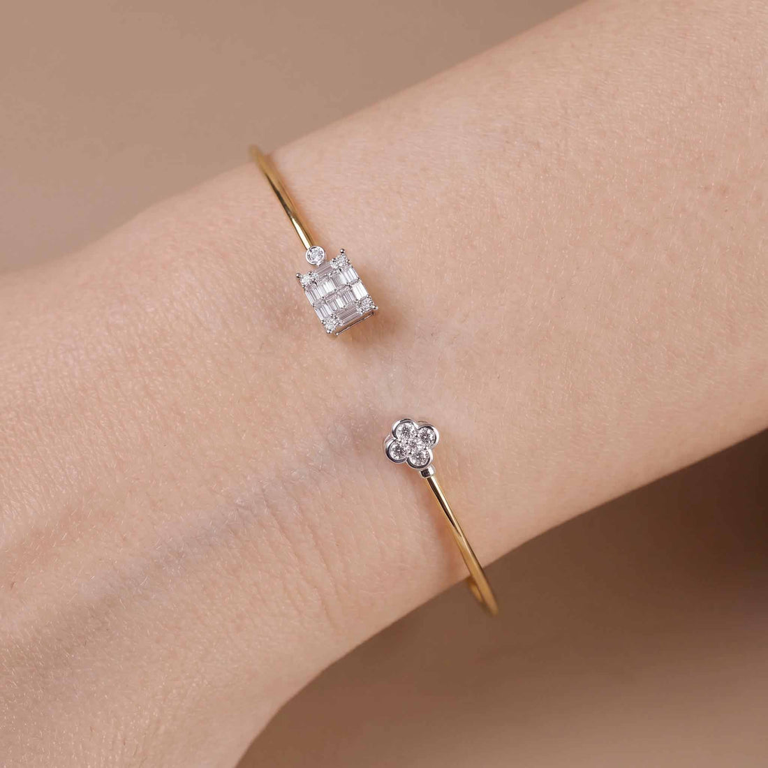 Clover Diamond Geometric Mosaic Open Cuff Bangle in 18K Yellow Gold - JewelryAndStore