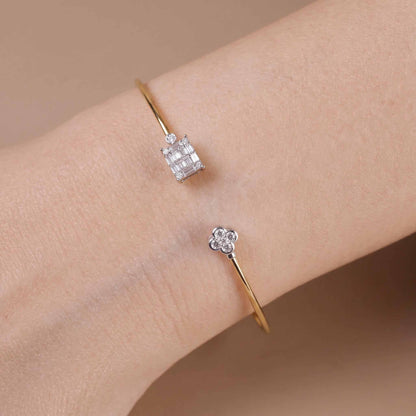 Clover Diamond Geometric Mosaic Open Cuff Bangle in 18K Yellow Gold - JewelryAndStore