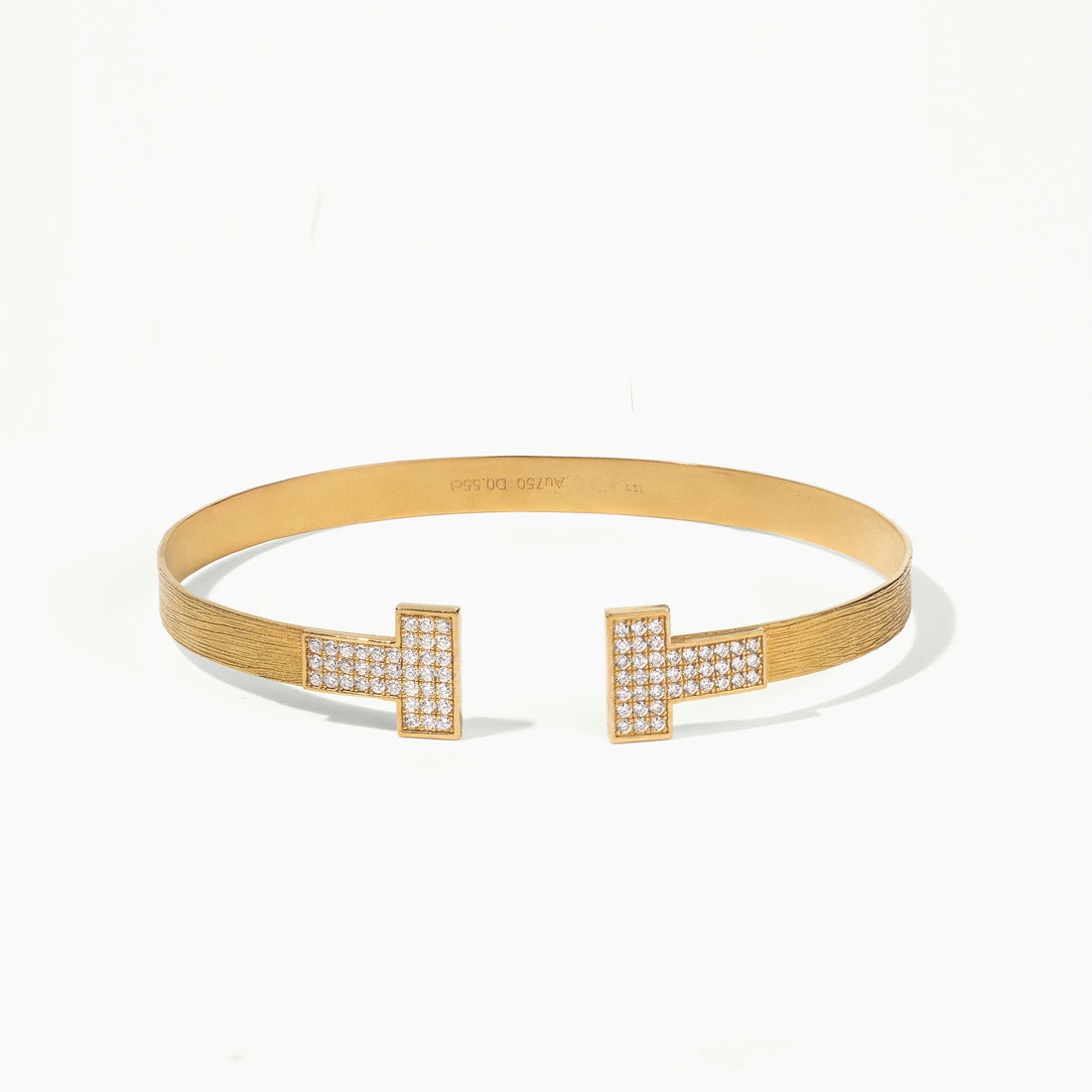 18K Gold Textured Open Bangle with Pave Diamond T - Bar Design - Jewelry And Store