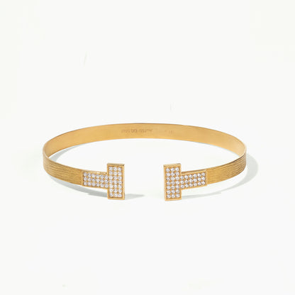 18K Gold Textured Open Bangle with Pave Diamond T - Bar Design - Jewelry And Store