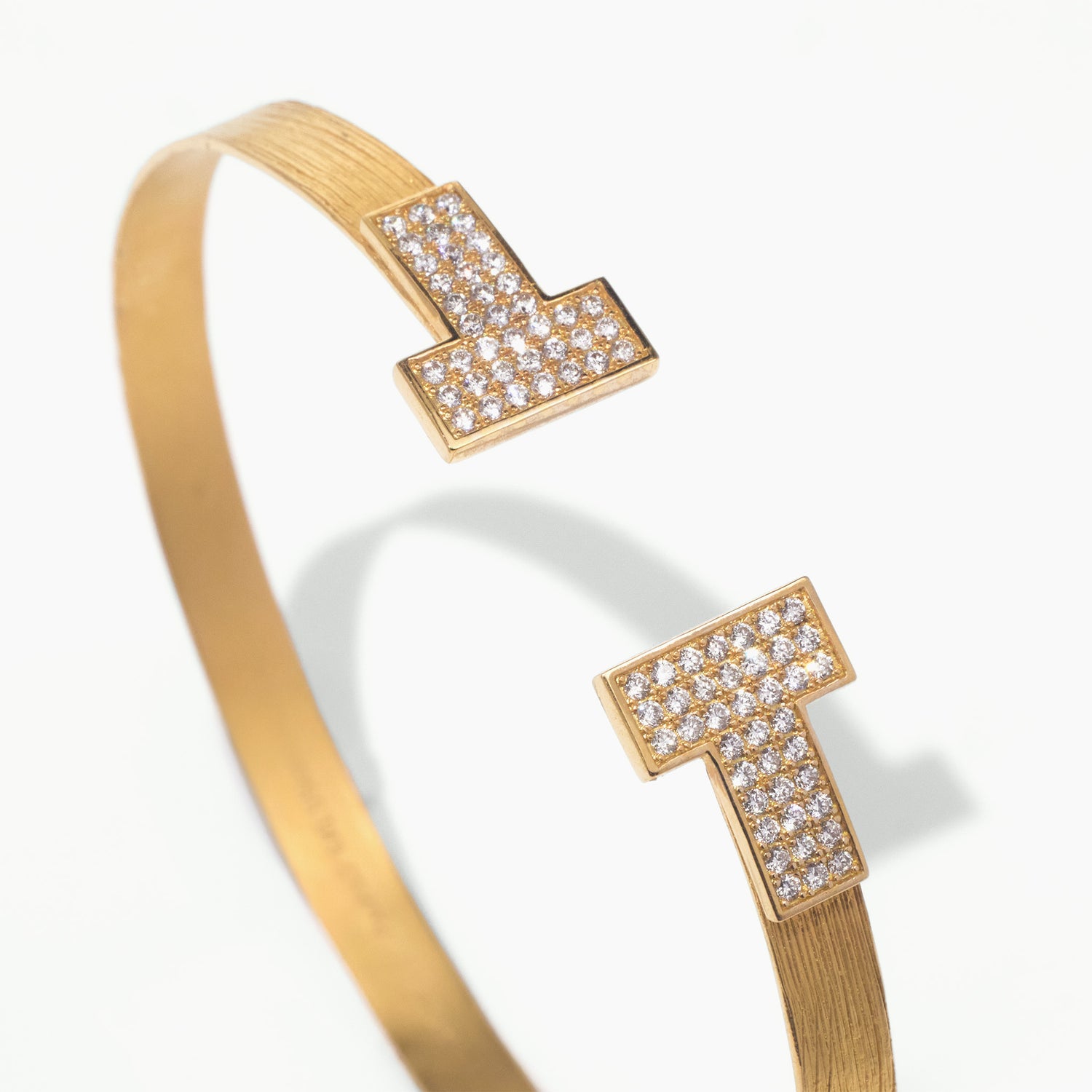 18K Gold Textured Open Bangle with Pave Diamond T - Bar Design - Jewelry And Store