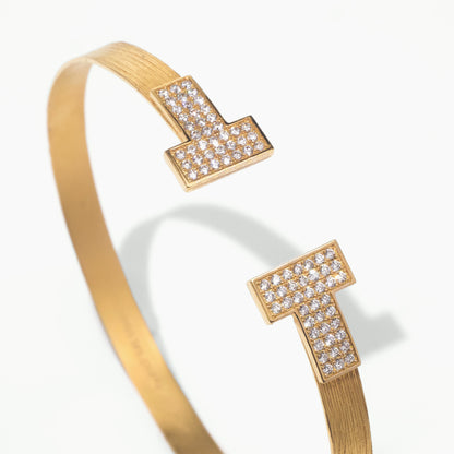 18K Gold Textured Open Bangle with Pave Diamond T - Bar Design - Jewelry And Store