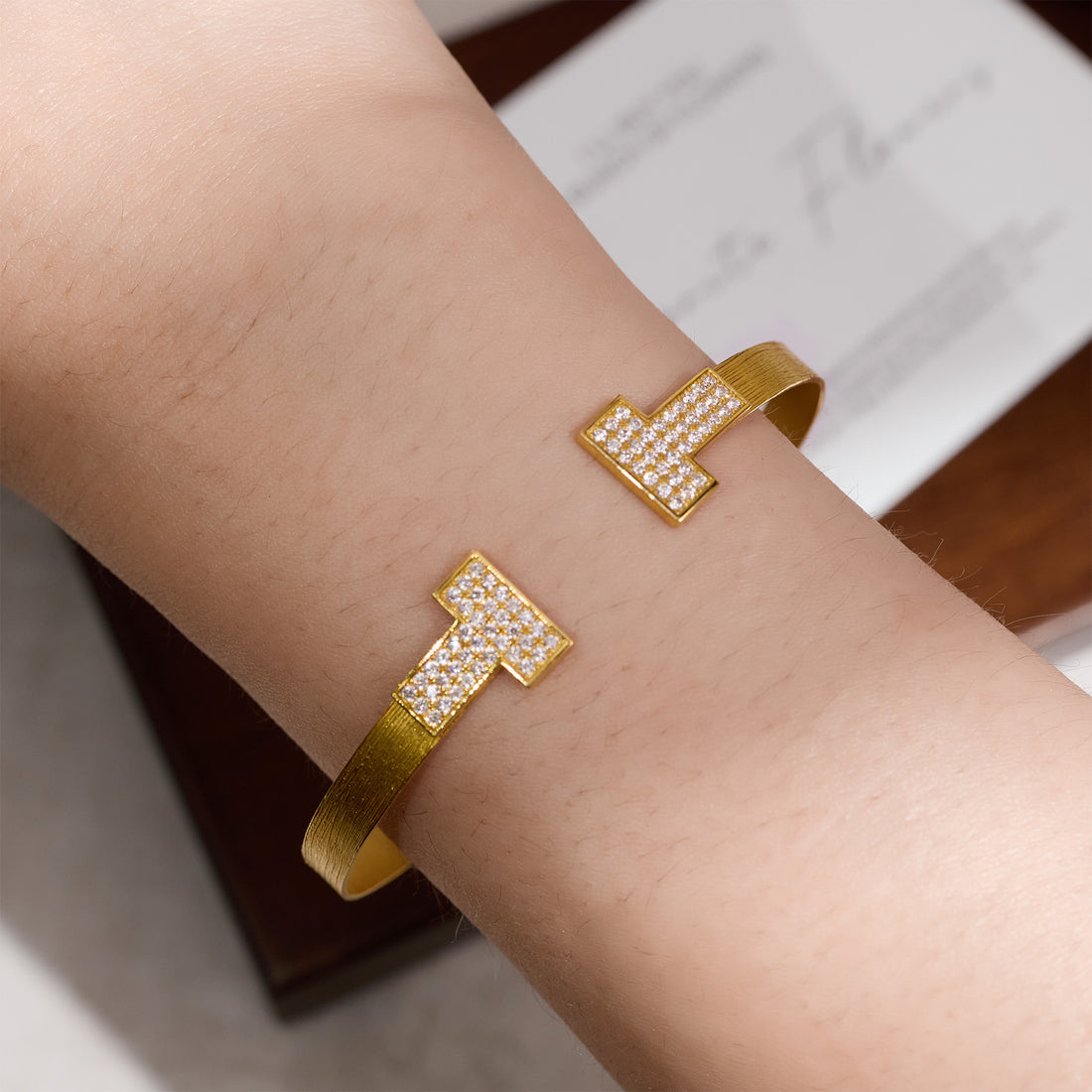 18K Gold Textured Open Bangle with Pave Diamond T - Bar Design - Jewelry And Store