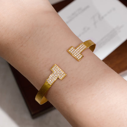 18K Gold Textured Open Bangle with Pave Diamond T - Bar Design - Jewelry And Store