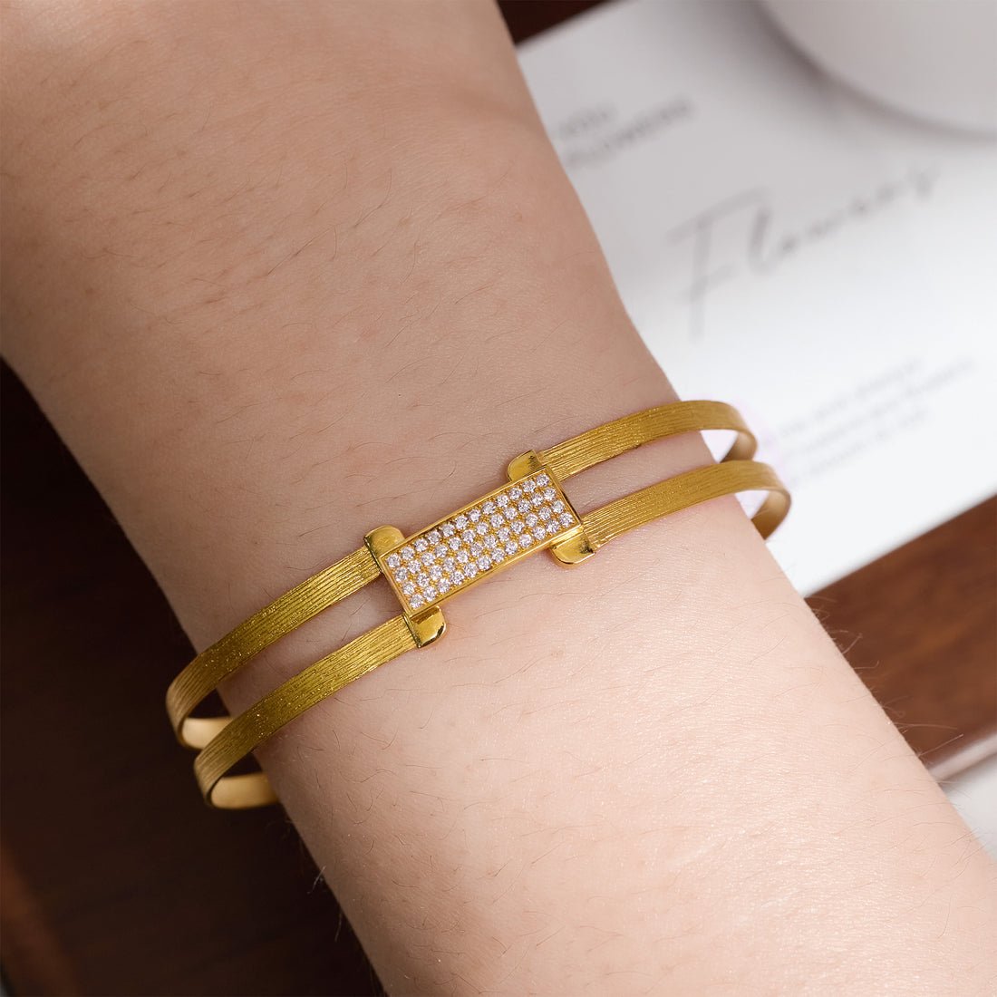18K Gold Easy - Lock Diamond Bangle with Hand - Hammered Finish - Jewelry And Store