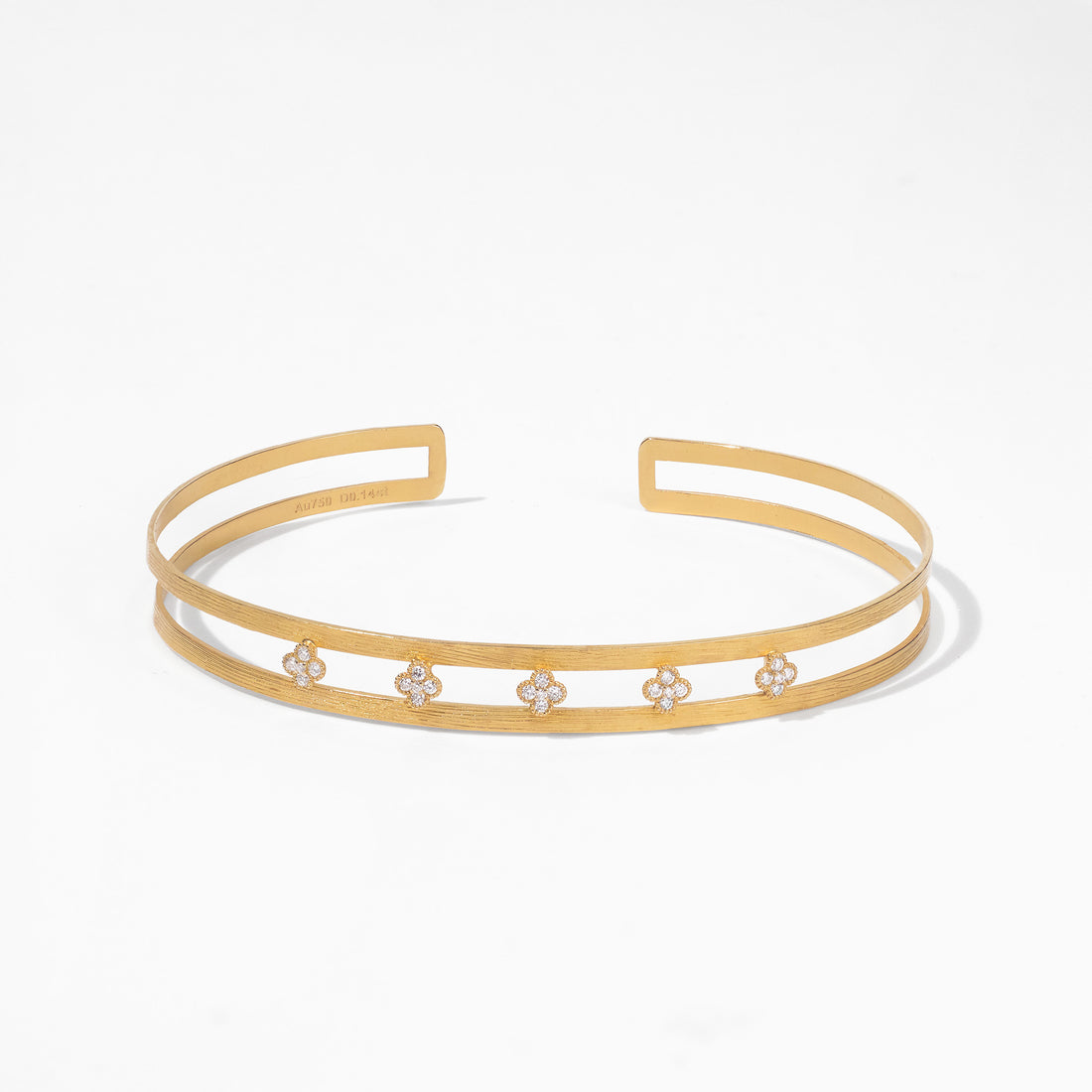 18K Gold Open Cuff Bangle with Diamond Clover Motifs - Jewelry And Store