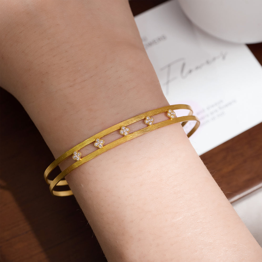 18K Gold Open Cuff Bangle with Diamond Clover Motifs - Jewelry And Store