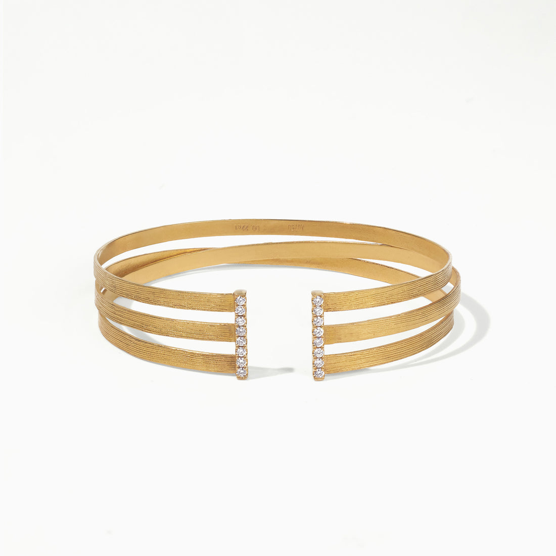 18K Gold Triple Band Cuff Diamond Bangle with Hand - Hammered Texture - Jewelry And Store