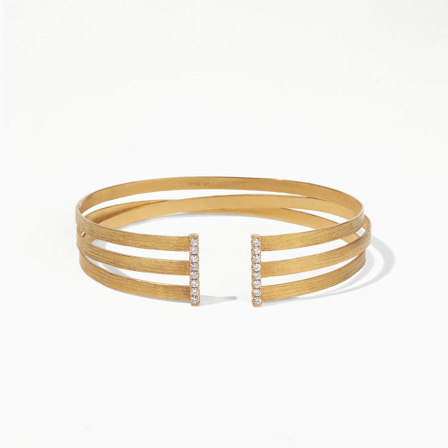 18K Gold Triple Band Cuff Diamond Bangle with Hand - Hammered Texture - Jewelry And Store