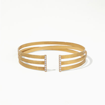 18K Gold Triple Band Cuff Diamond Bangle with Hand - Hammered Texture - Jewelry And Store