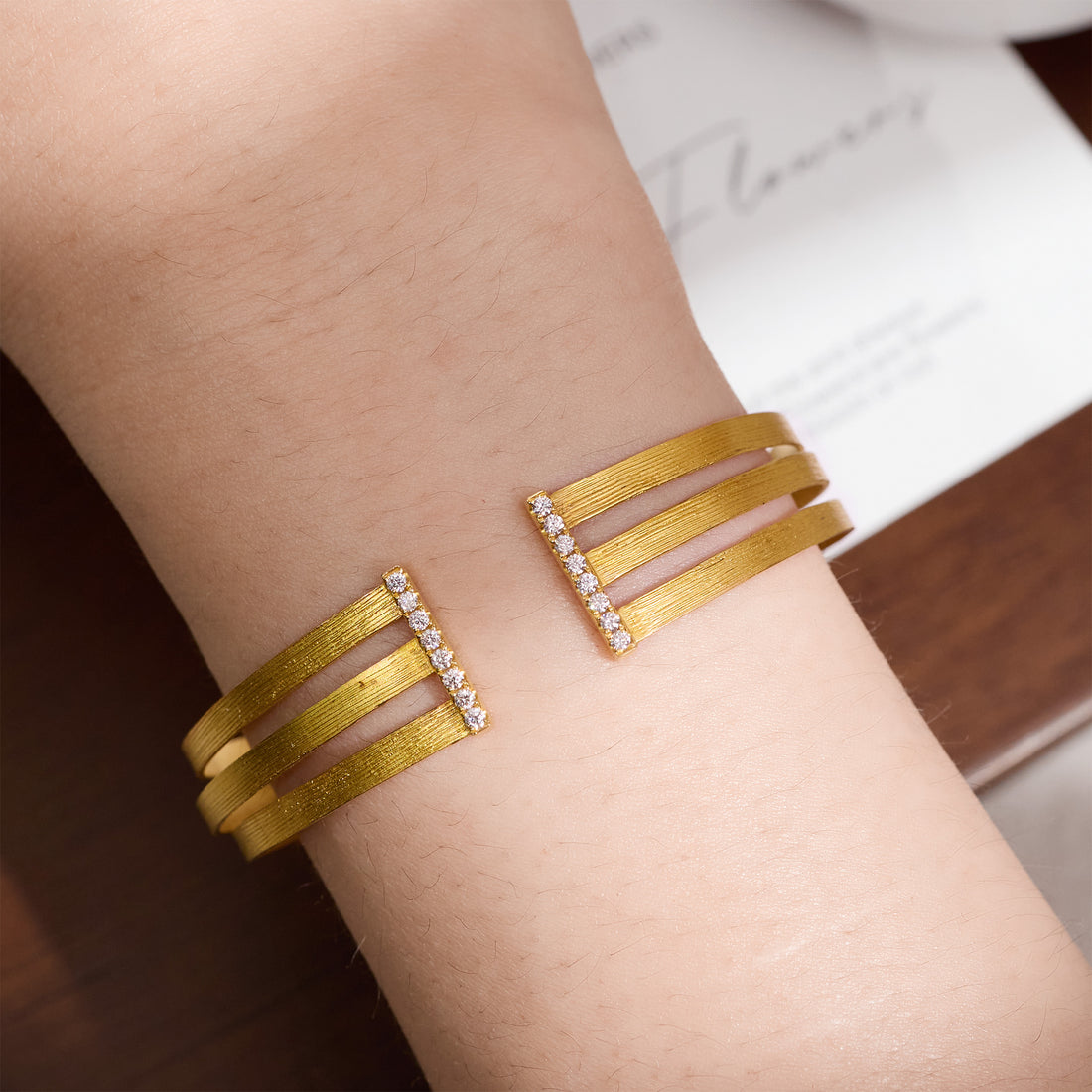 18K Gold Triple Band Cuff Diamond Bangle with Hand - Hammered Texture - Jewelry And Store