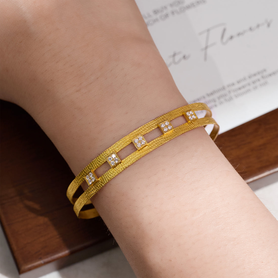 18K Gold Diamond Open Cuff Bangle with Hand - Hammered Finish - Jewelry And Store