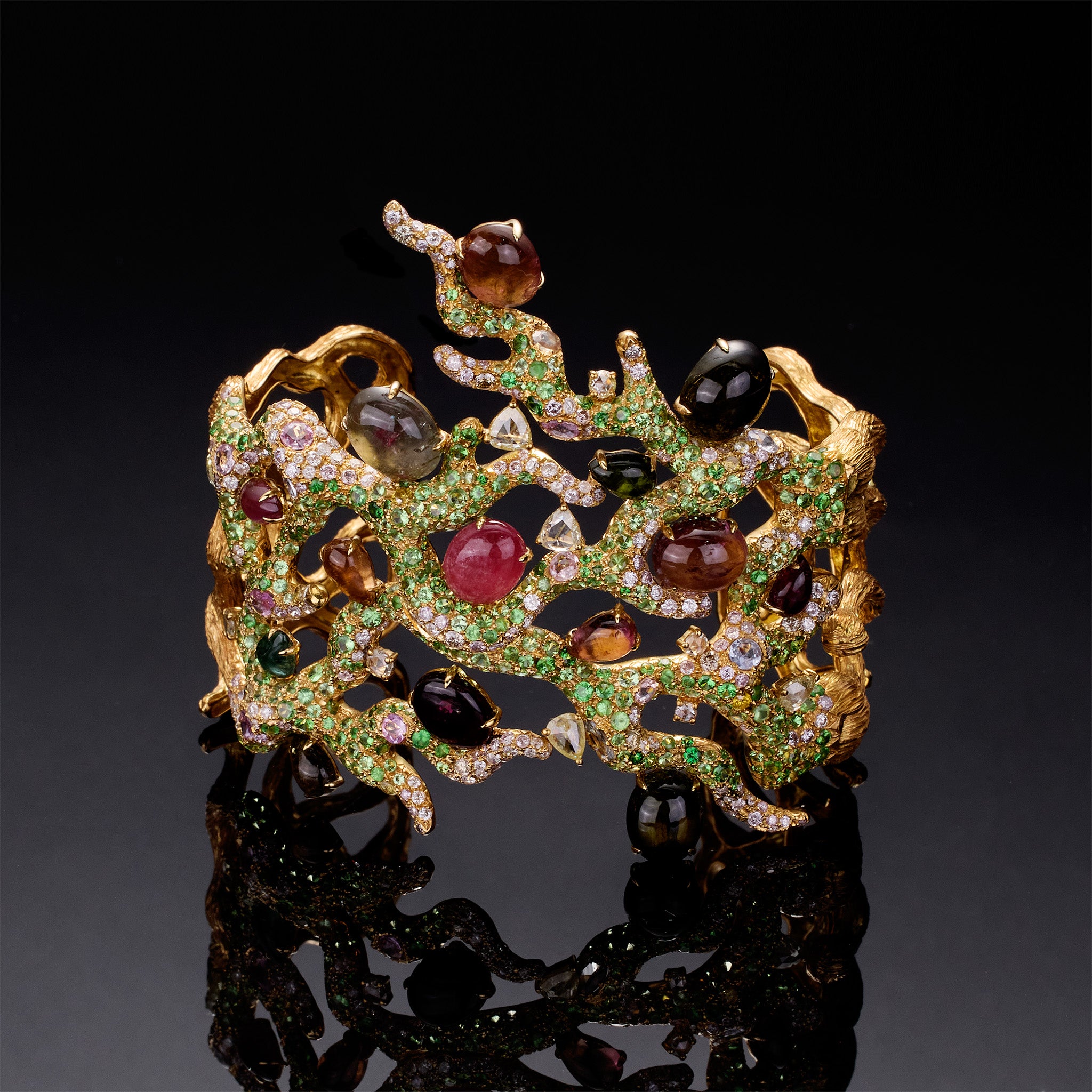 18K Yellow Gold Bangle with Natural Tourmaline, Sapphires &amp; Diamonds