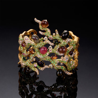 18K Yellow Gold Bangle with Natural Tourmaline, Sapphires &amp; Diamonds