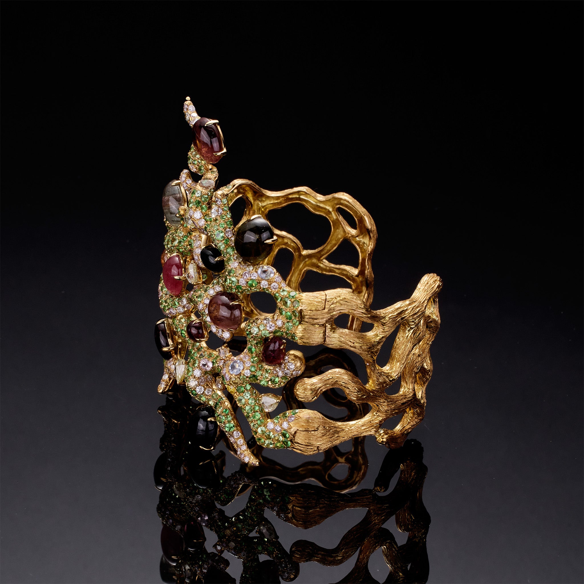 18K Yellow Gold Bangle with Natural Tourmaline, Sapphires &amp; Diamonds