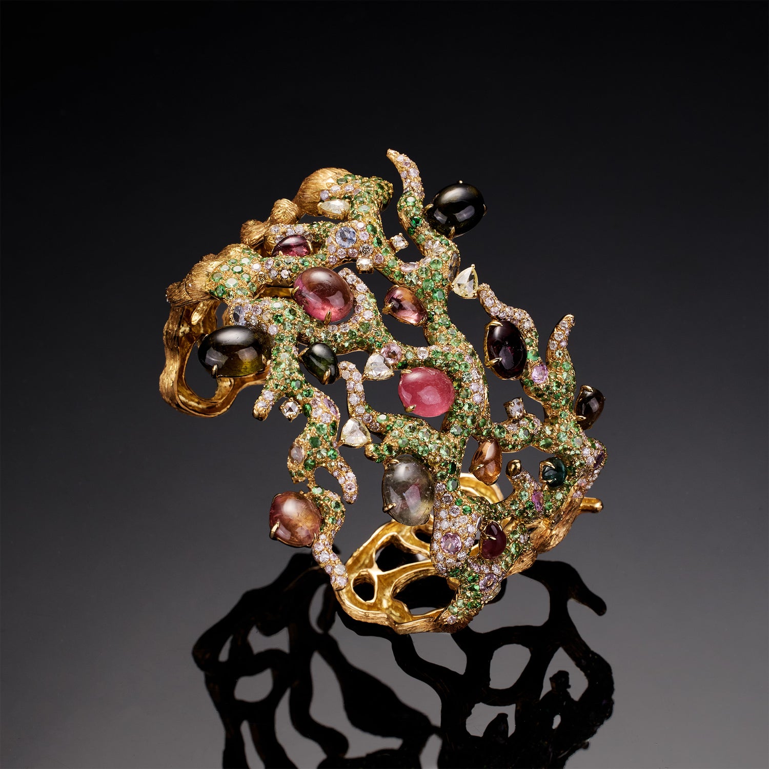 18K Yellow Gold Bangle with Natural Tourmaline, Sapphires &amp; Diamonds