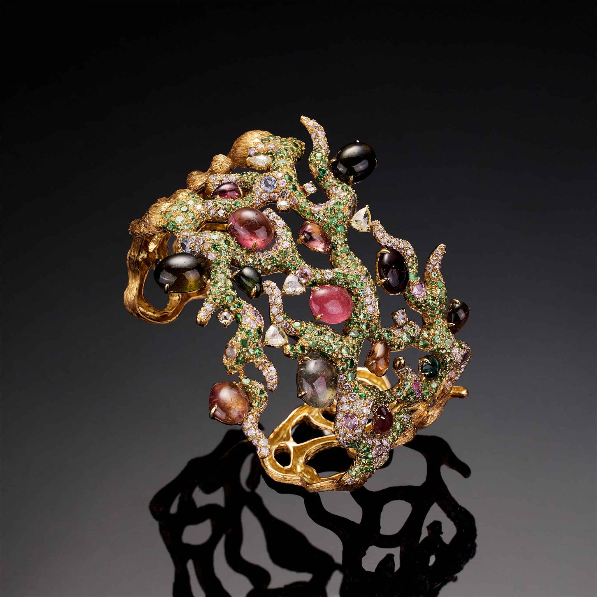 18K Yellow Gold Bangle with Natural Tourmaline, Sapphires &amp; Diamonds