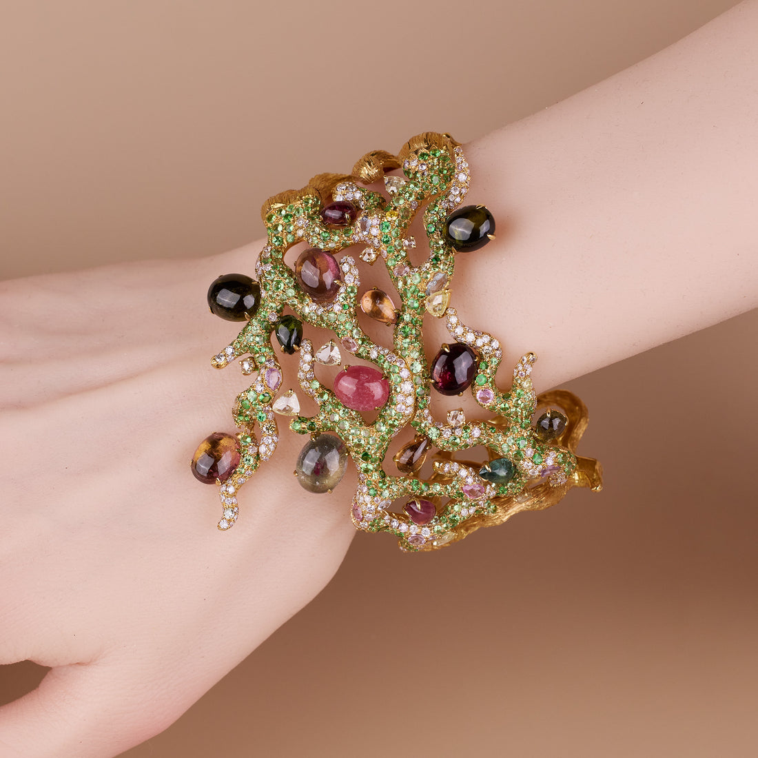 18K Yellow Gold Bangle with Natural Tourmaline, Sapphires &amp; Diamonds - Jewelry And Store