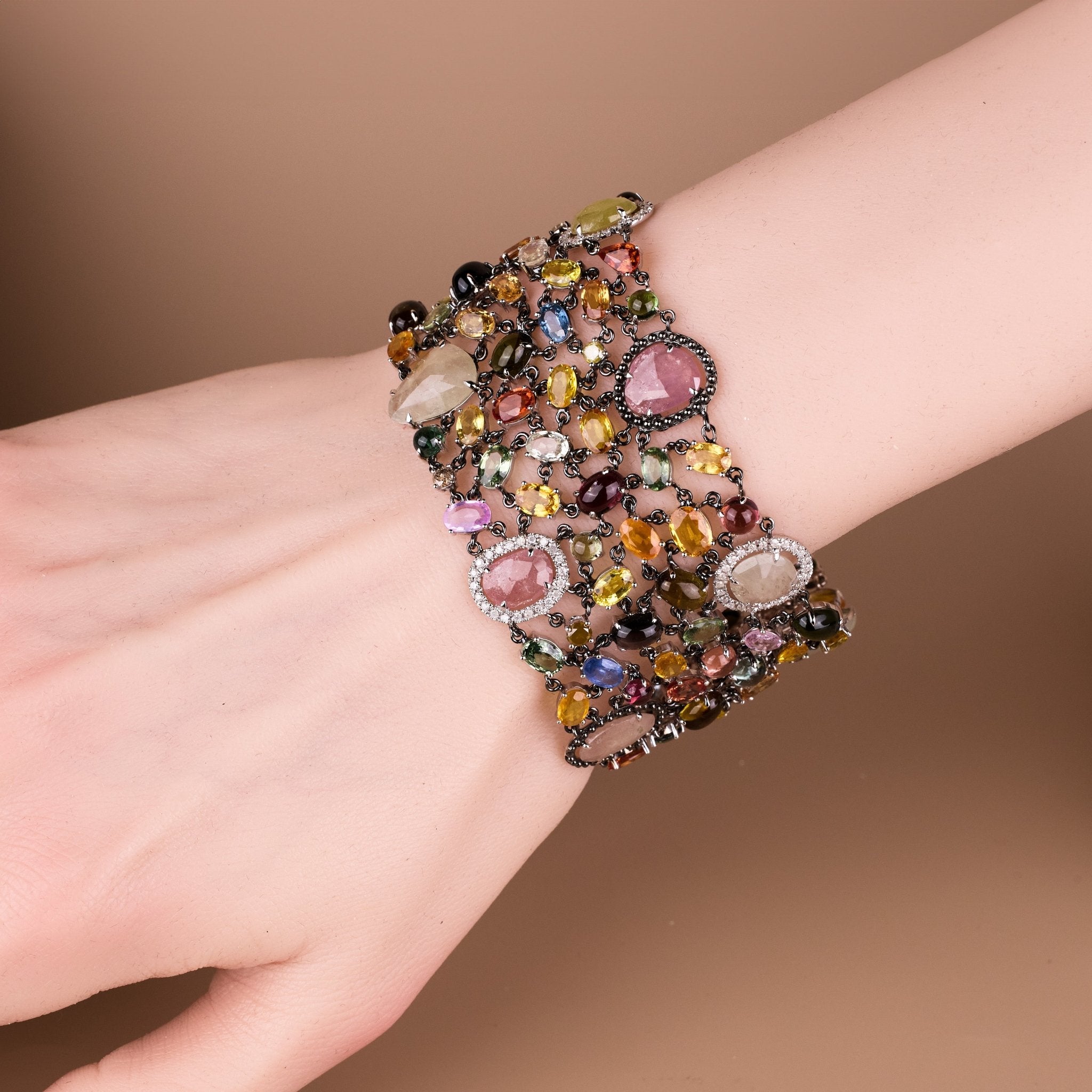 18K White Gold Bracelet with Tourmaline, Sapphires, Rubies &amp; Diamonds - Jewelry And Store