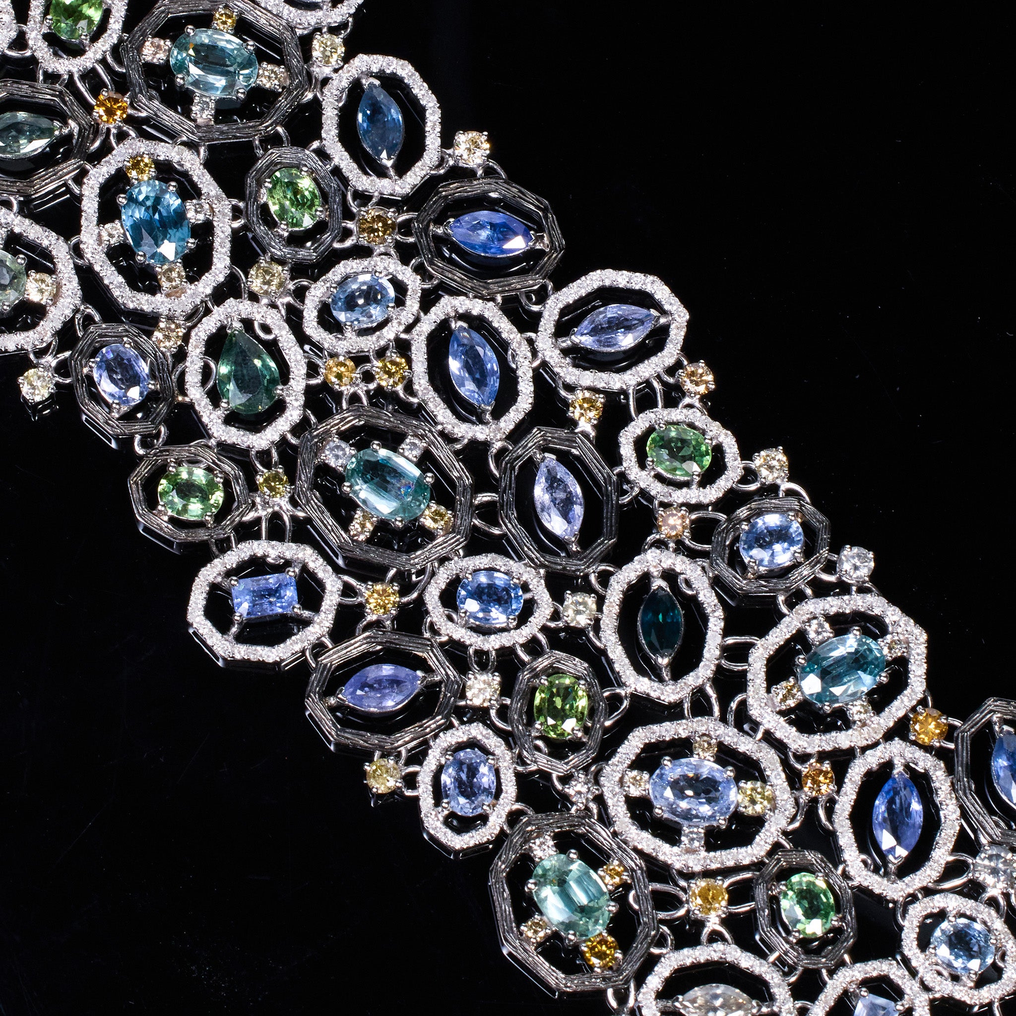 18K White Gold Wide Bracelet with Natural Sapphires and Color Diamonds - JewelryAndStore