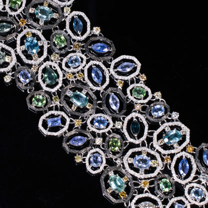 18K White Gold Wide Bracelet with Natural Sapphires and Color Diamonds from JewelryandStore