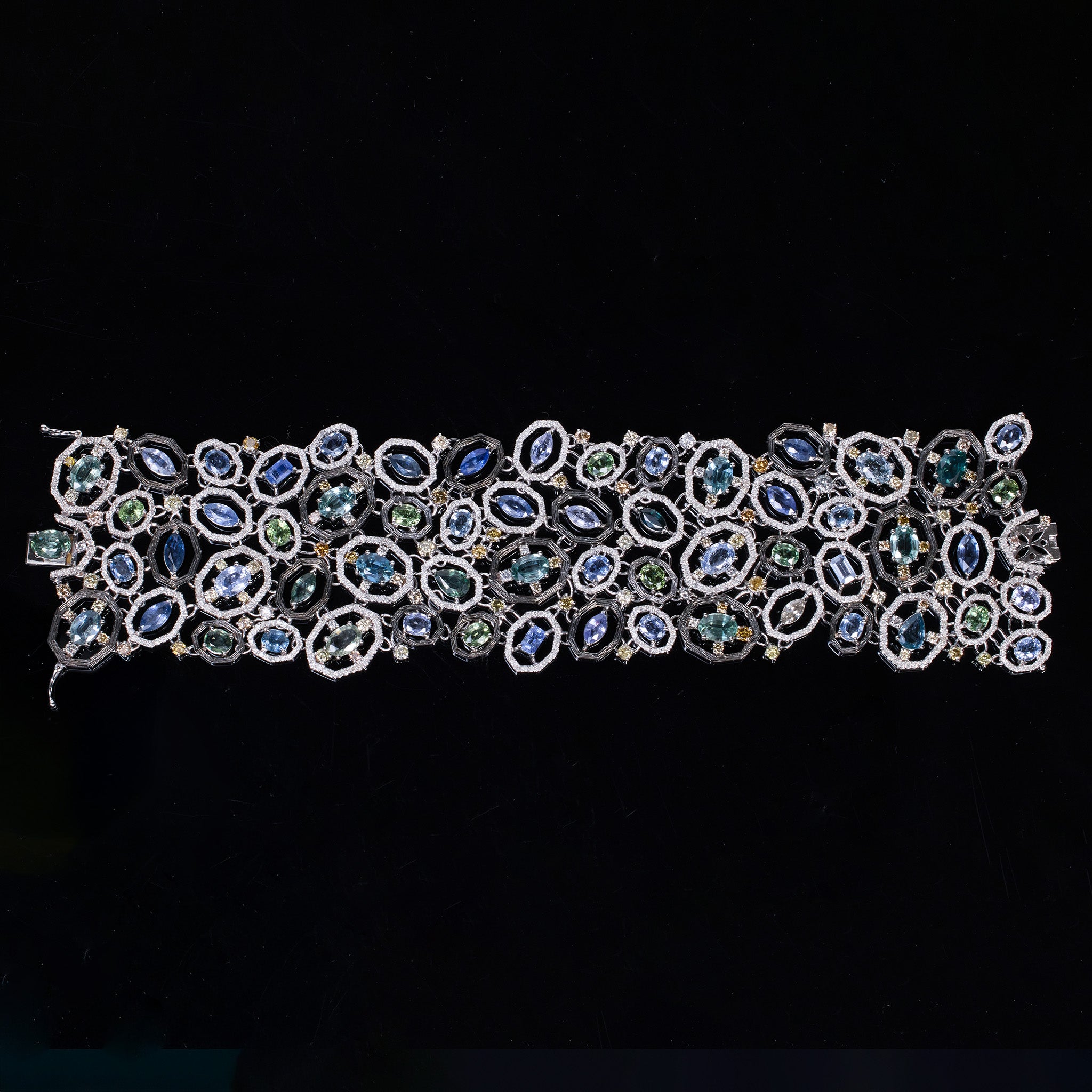 18K White Gold Wide Bracelet with Natural Sapphires and Color Diamonds - JewelryAndStore