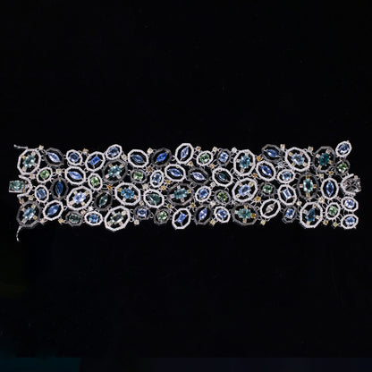 18K White Gold Wide Bracelet with Natural Sapphires and Color Diamonds from JewelryandStore