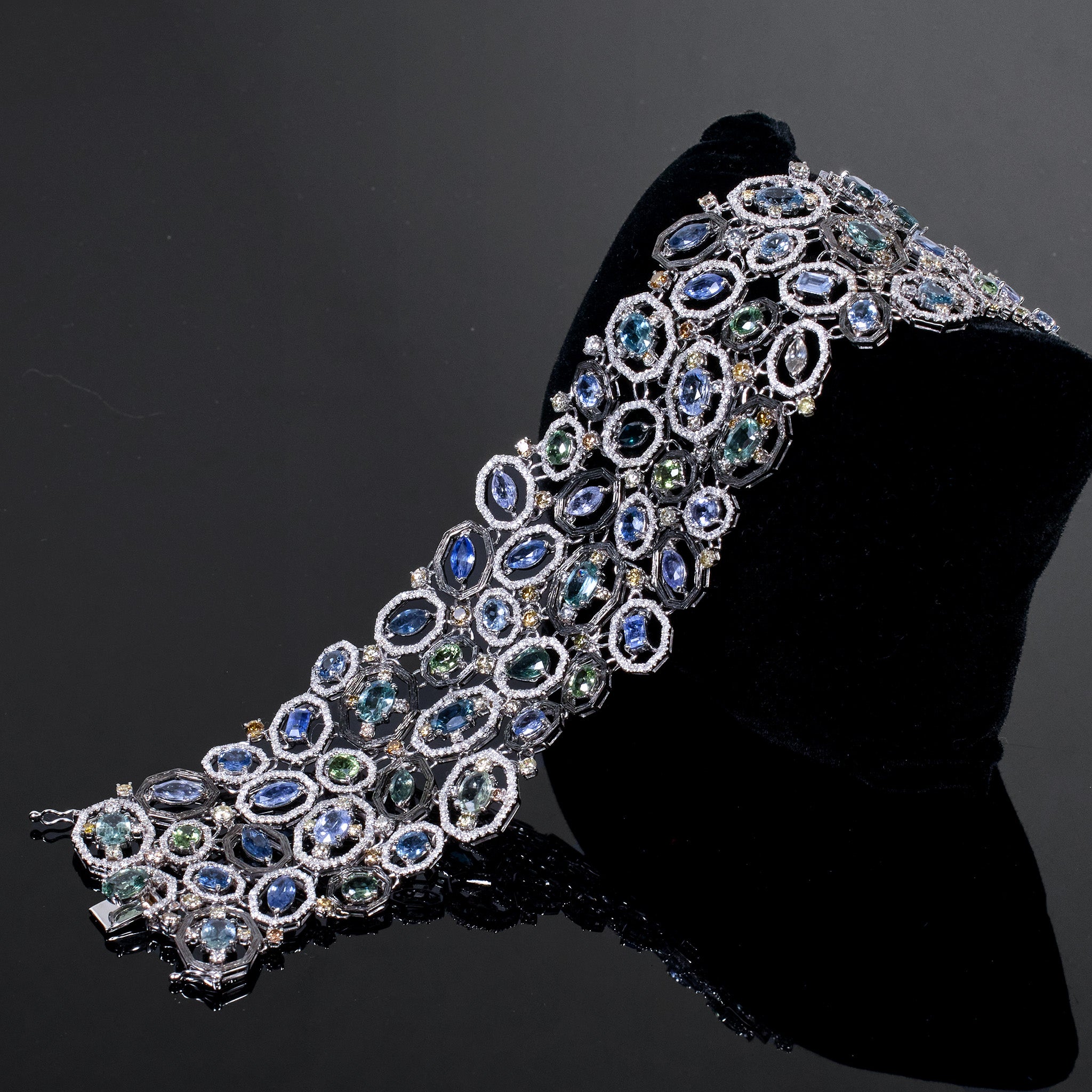 18K White Gold Wide Bracelet with Natural Sapphires and Color Diamonds - JewelryAndStore
