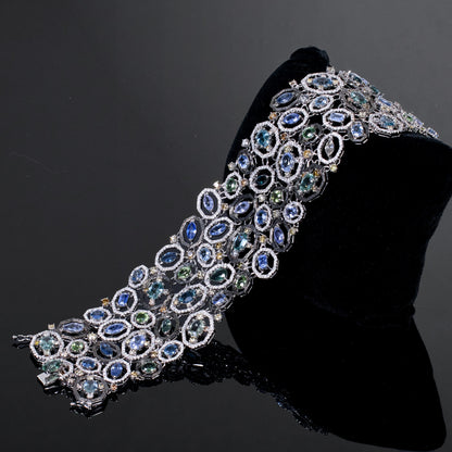 18K White Gold Wide Bracelet with Natural Sapphires and Color Diamonds from JewelryandStore