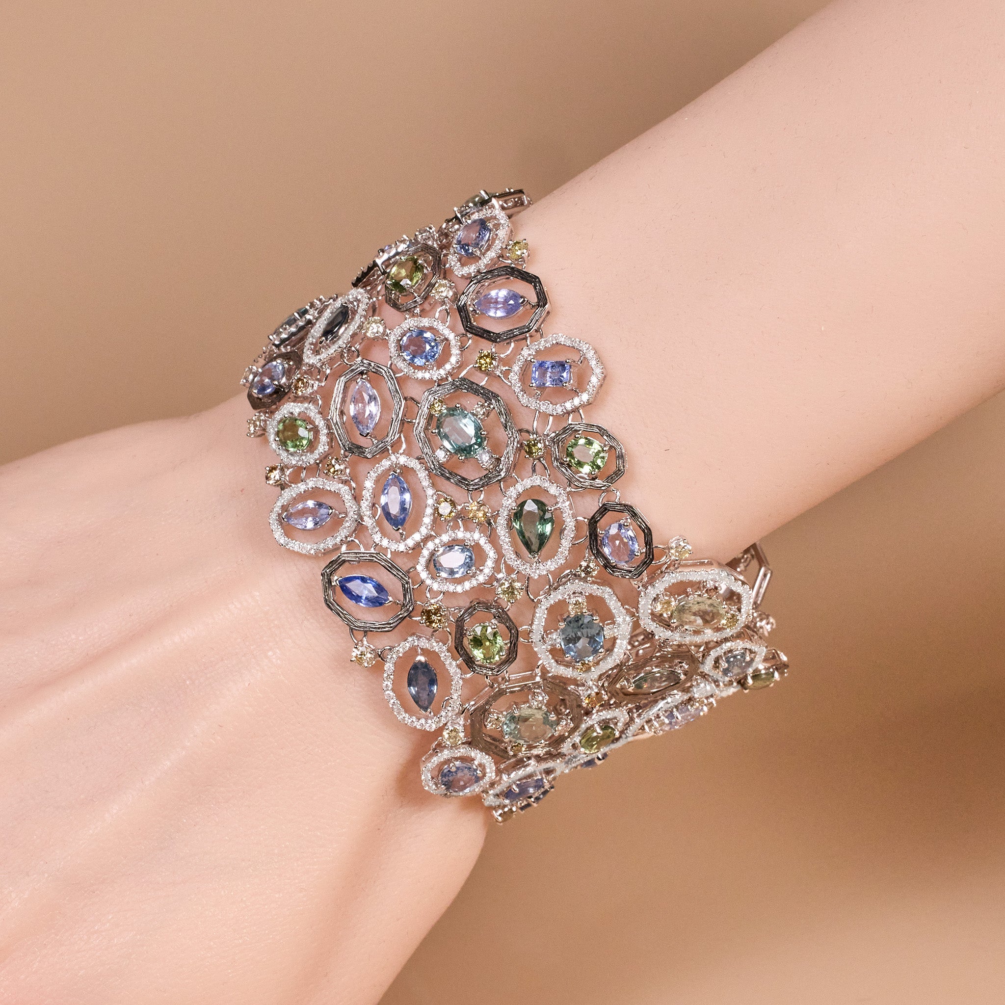18K White Gold Wide Bracelet with Natural Sapphires and Color Diamonds - JewelryAndStore
