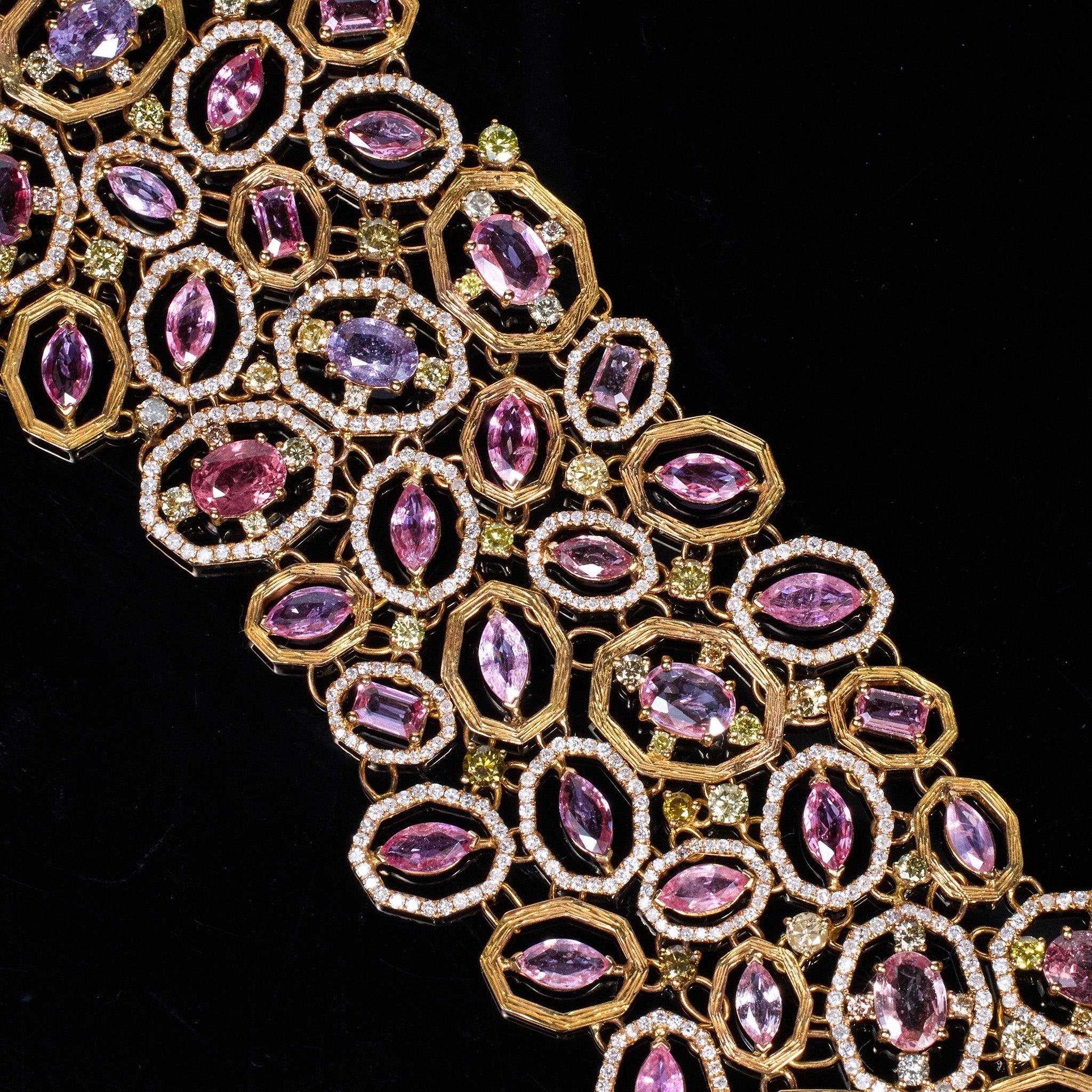 18K Rose Gold Wide Bracelet with Natural Sapphires and Color Diamonds - JewelryAndStore