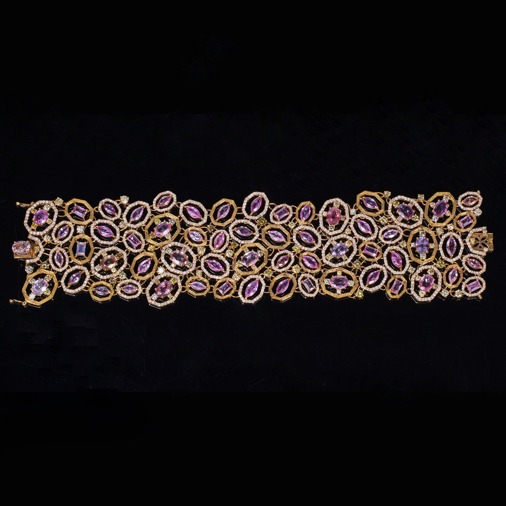18K Rose Gold Wide Bracelet with Natural Sapphires and Color Diamonds - JewelryAndStore