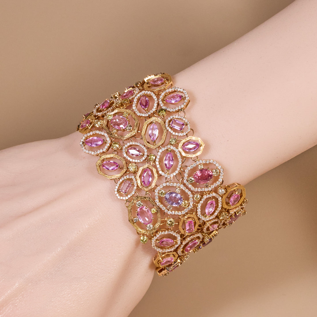 18K Rose Gold Wide Bracelet with Natural Sapphires and Color Diamonds from JewelryandStore