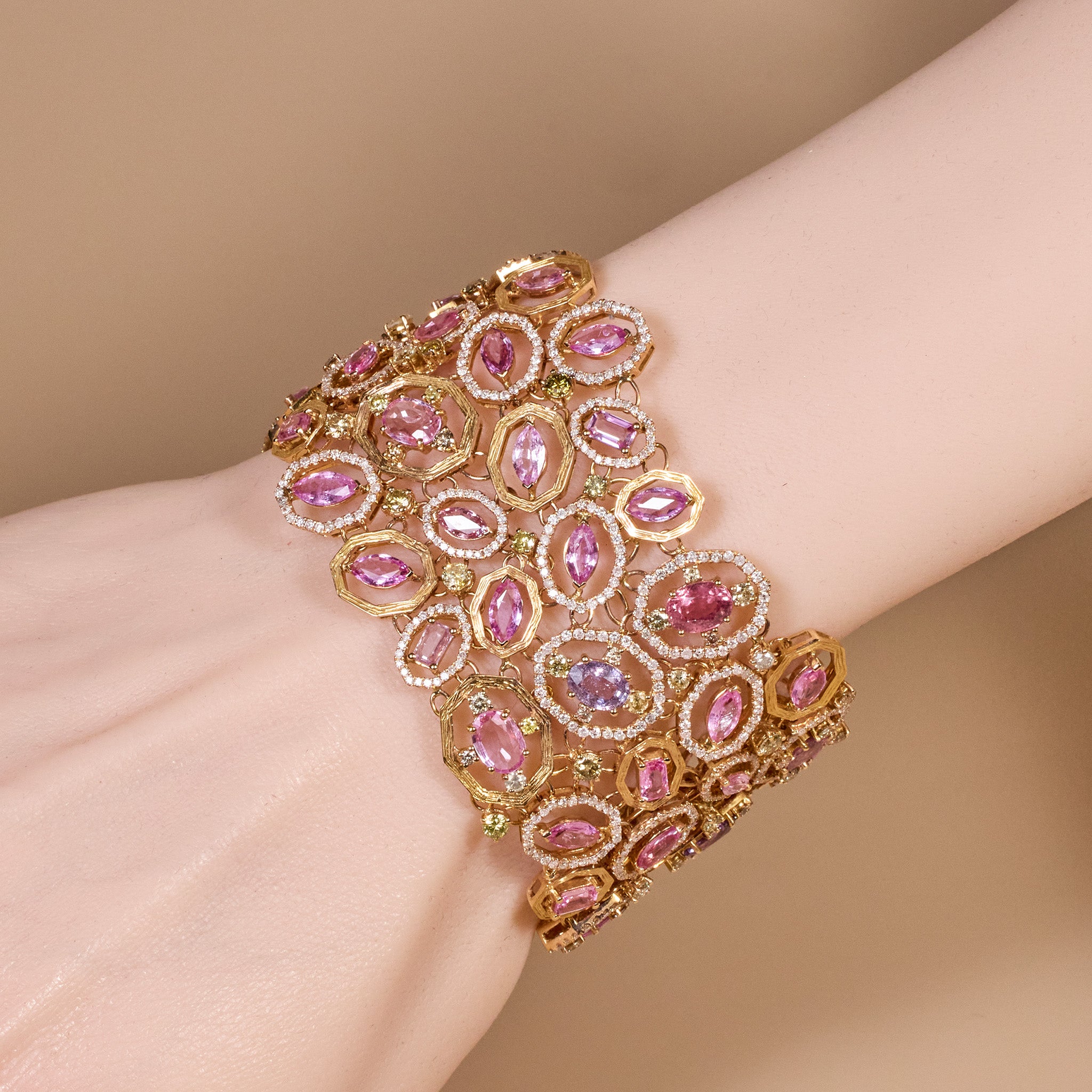 18K Rose Gold Wide Bracelet with Natural Sapphires and Color Diamonds - JewelryAndStore