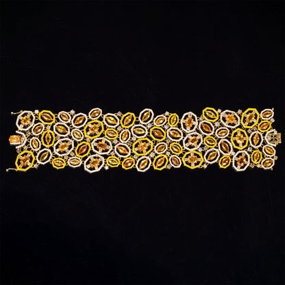 18K Yellow Gold Wide Bracelet with Natural Sapphires and Color Diamonds