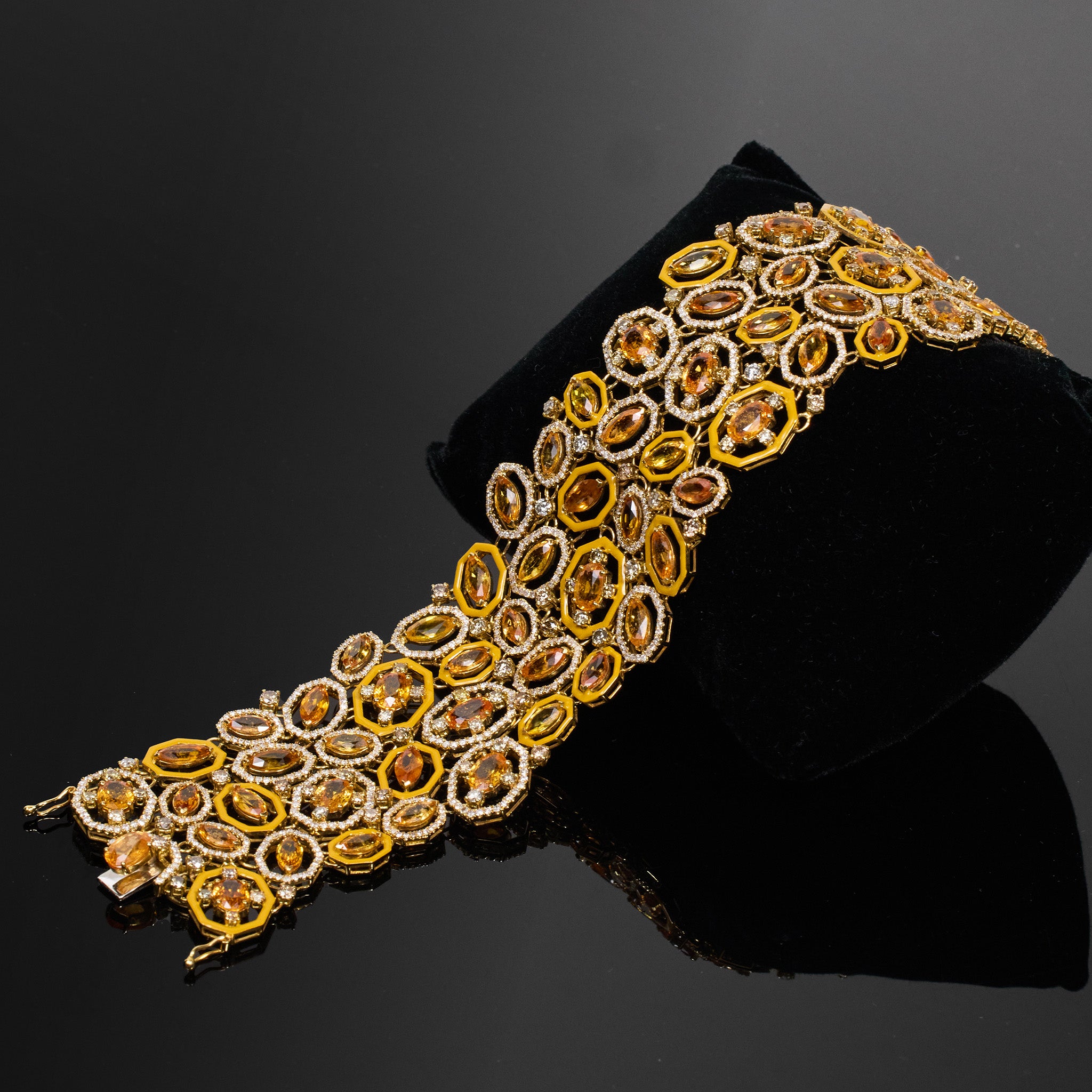18K Yellow Gold Wide Bracelet with Natural Sapphires and Color Diamonds - JewelryAndStore