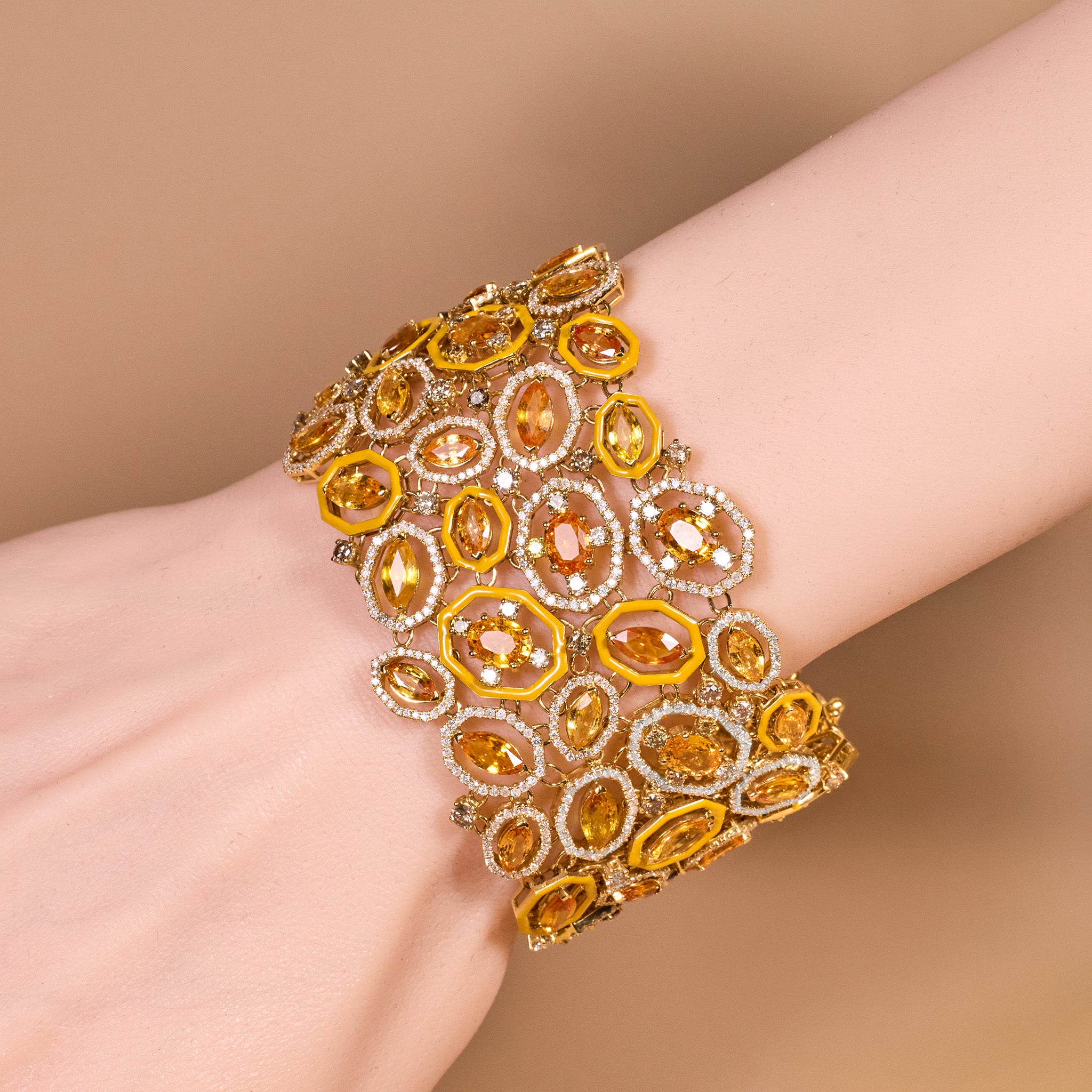 18K Yellow Gold Wide Bracelet with Natural Sapphires and Color Diamonds