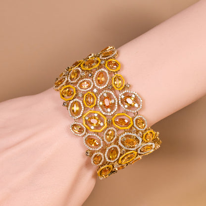 18K Yellow Gold Wide Bracelet with Natural Sapphires and Color Diamonds