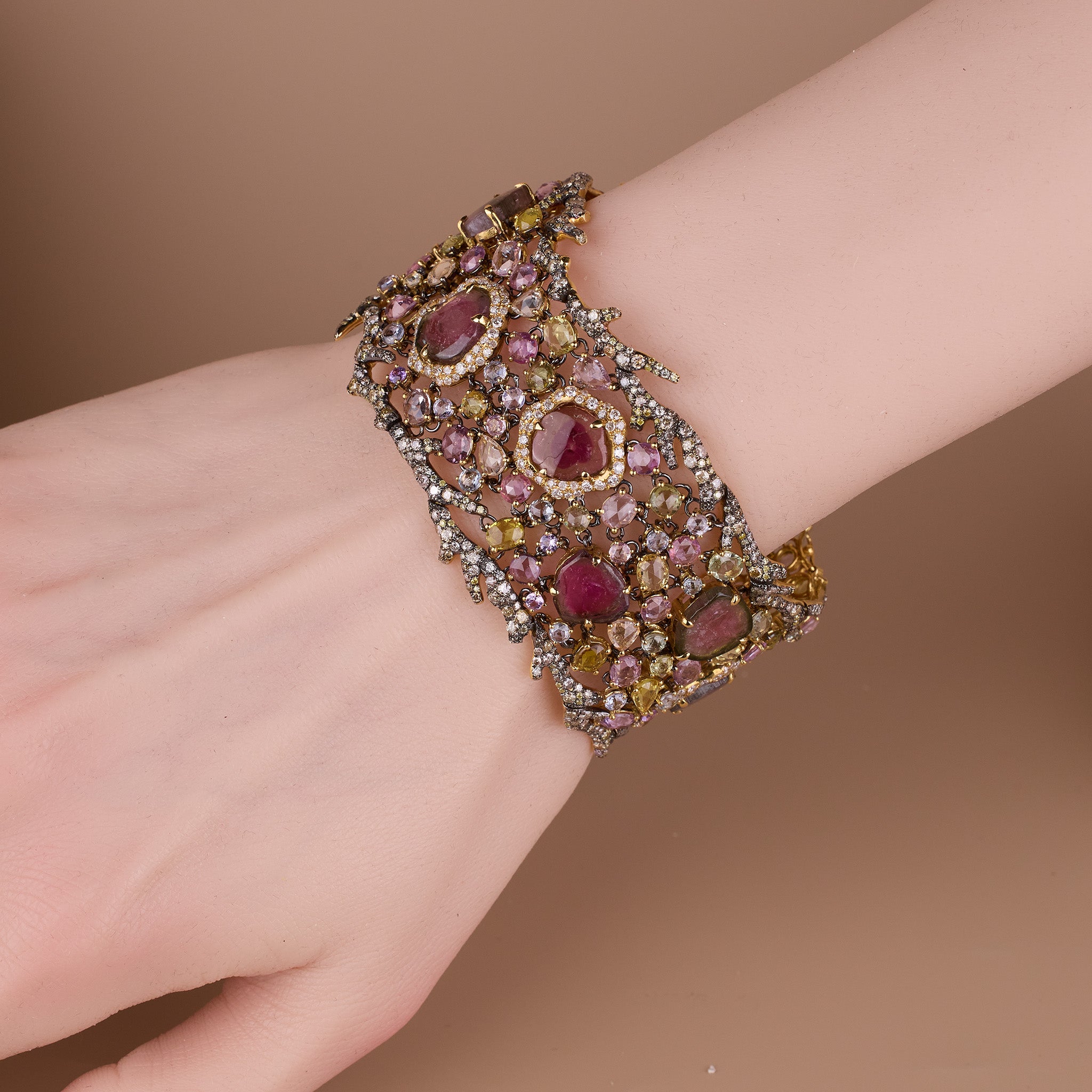 18K Yellow Gold Bracelet with Sapphires &amp; Color Diamonds