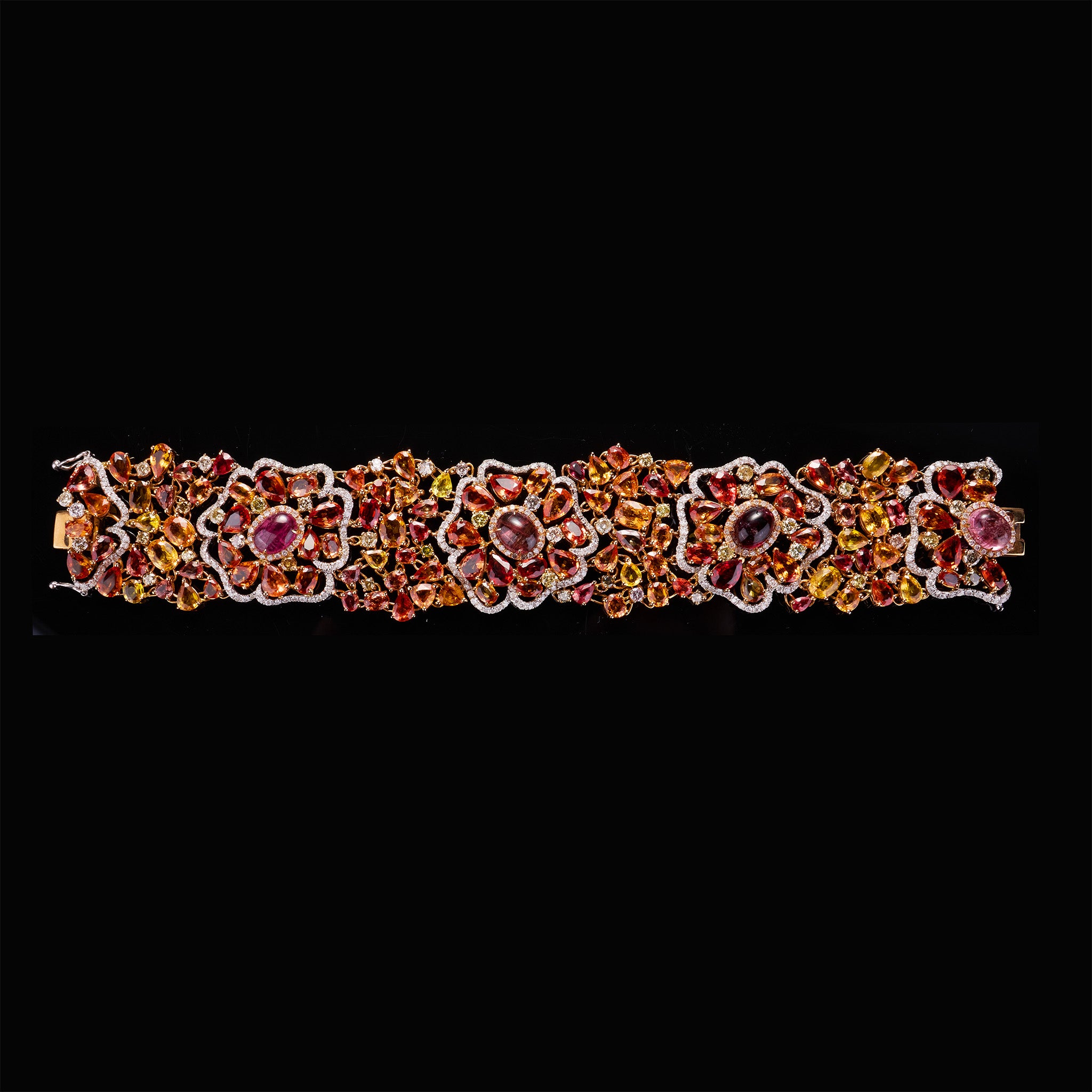 18K White Gold Flower Bracelet with Tourmalines and Color Diamonds