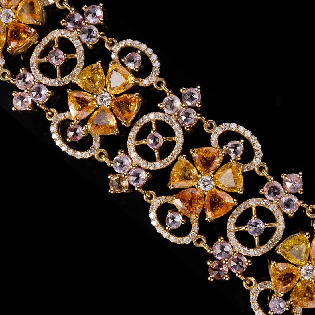 18K Yellow Gold Flower Bracelet with Natural Fancy Sapphires and Color Diamonds - Jewelry And Store
