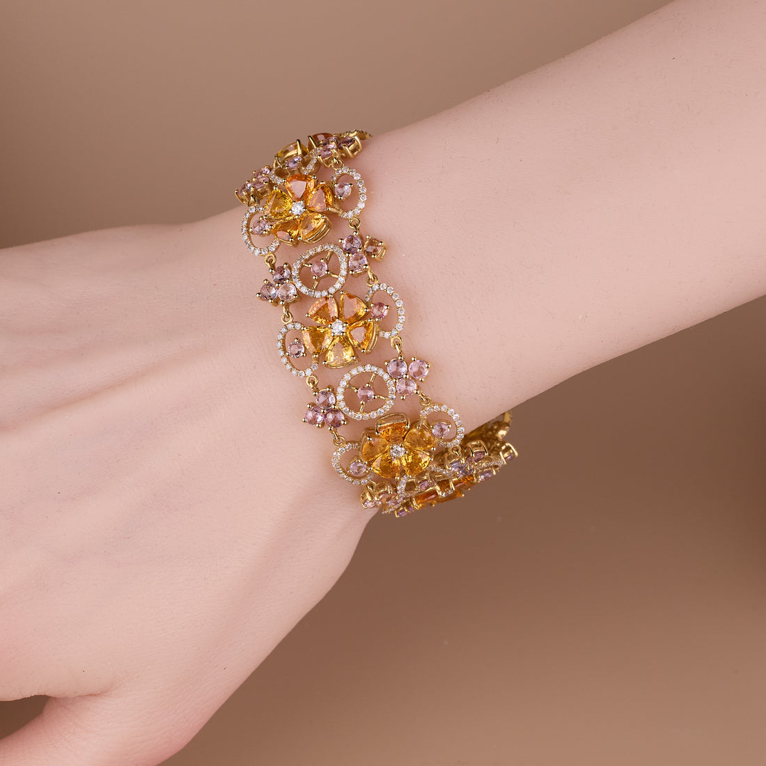 18K Yellow Gold Flower Bracelet with Natural Fancy Sapphires and Color Diamonds - Jewelry And Store