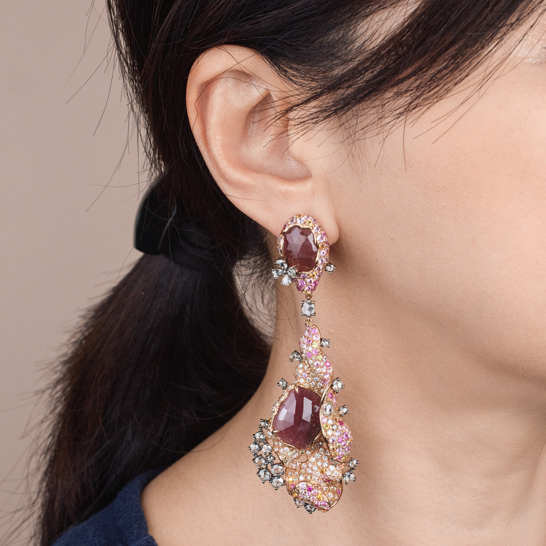 18K Gold Color Sapphire, Diamond & Ruby Evening Party Earrings - Jewelry And Store