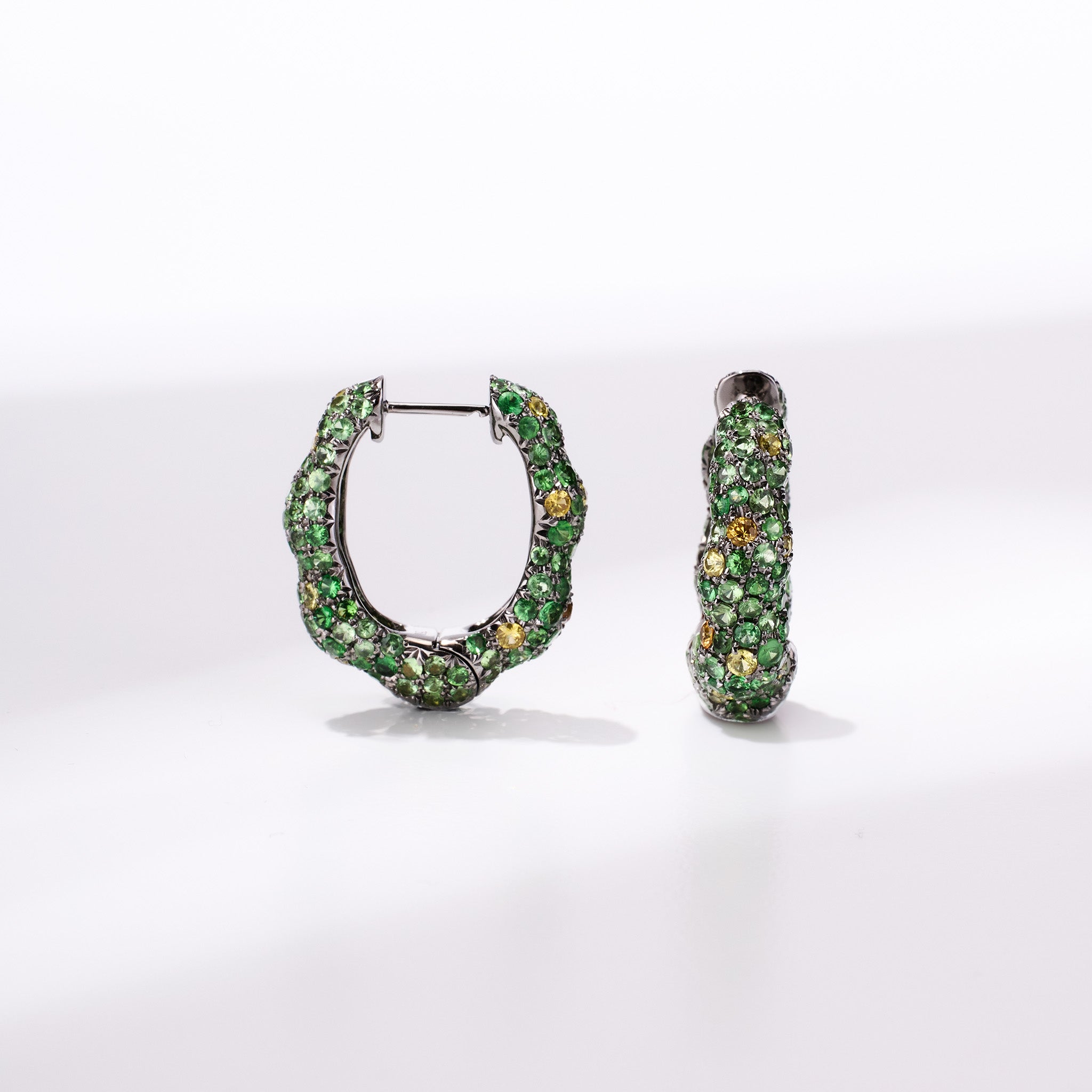 18K Gold Green Sapphire &amp; Diamond Hoop Earrings - Jewelry And Store
