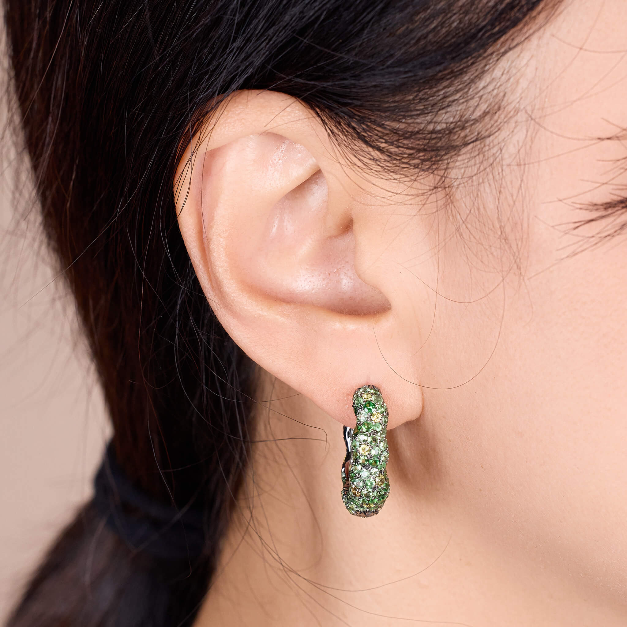 18K Gold Green Sapphire &amp; Diamond Hoop Earrings - Jewelry And Store