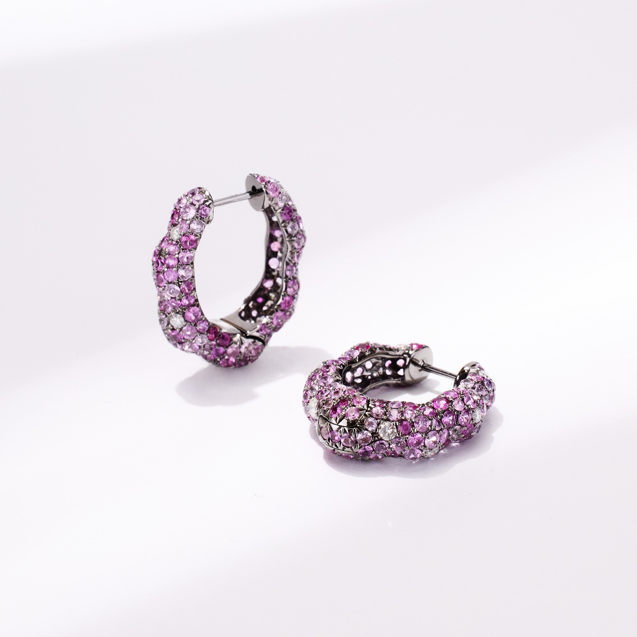 18K Gold Pink Sapphire &amp; Diamond Hoop Earrings - Jewelry And Store