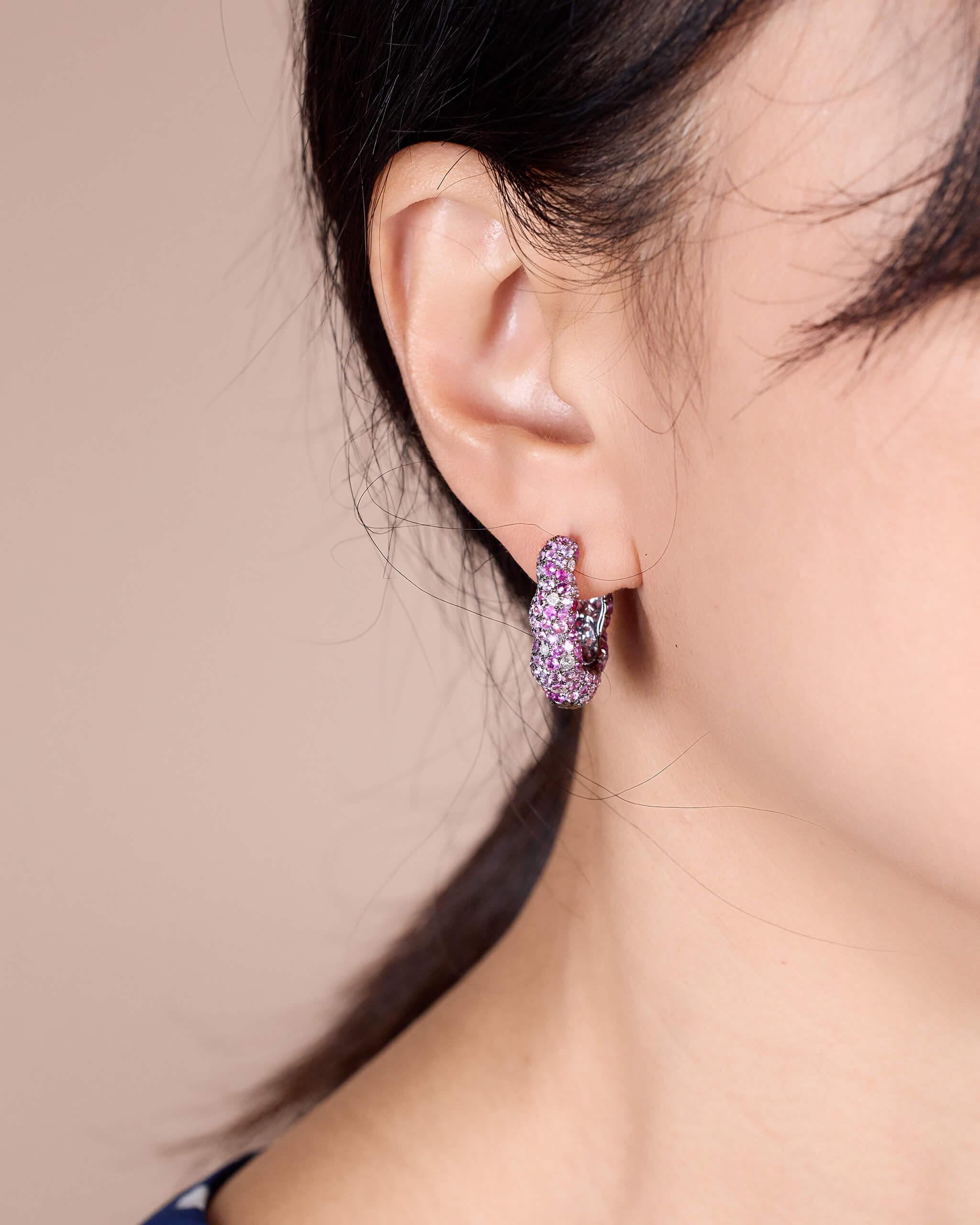 18K Gold Pink Sapphire &amp; Diamond Hoop Earrings - Jewelry And Store