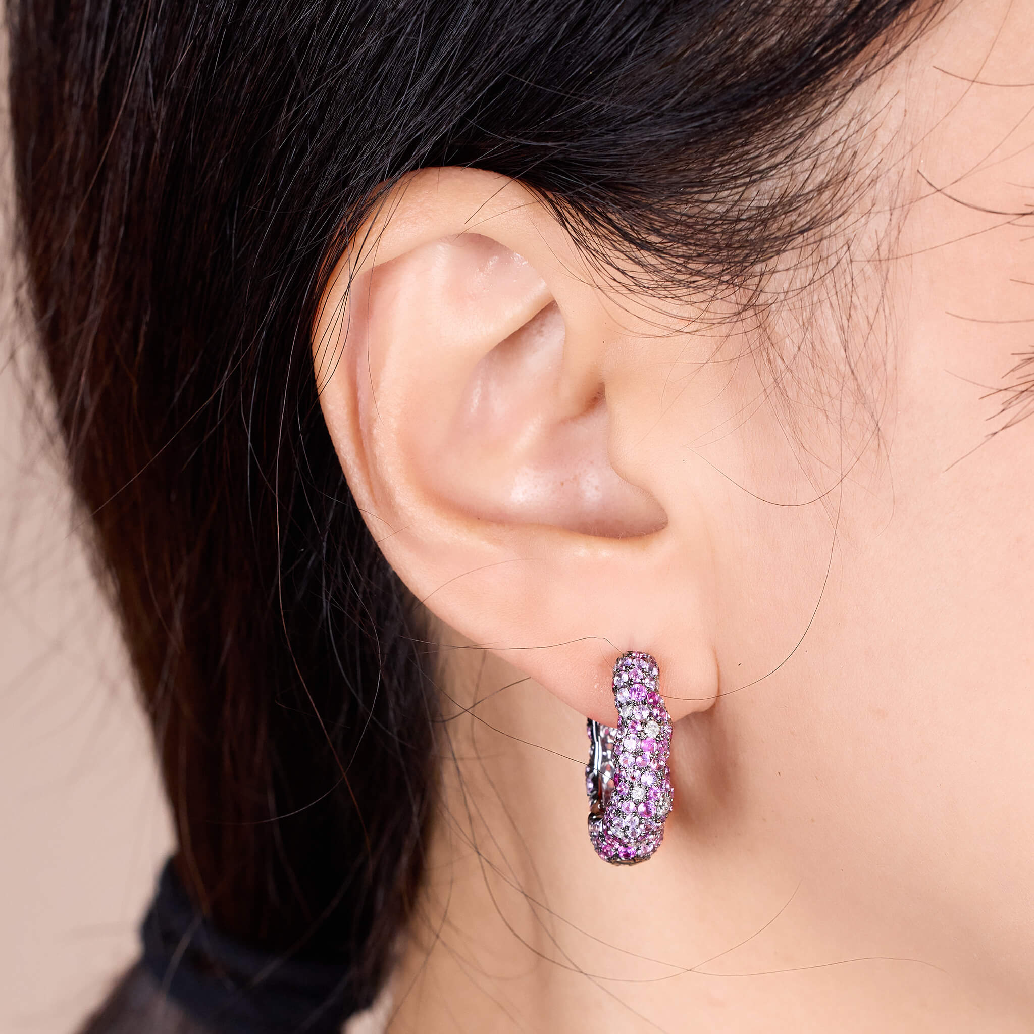 18K Gold Pink Sapphire &amp; Diamond Hoop Earrings - Jewelry And Store